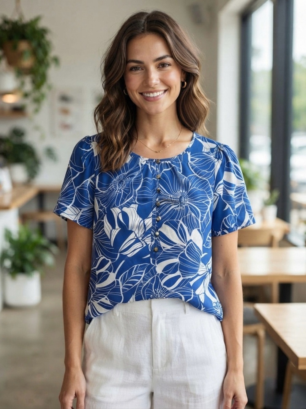 Liz Claiborne Blue and White Floral Button-Detail Top